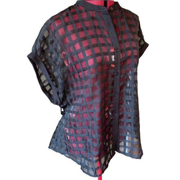 SHEIN Privé - Black Sheer Dolman Sleeve Belted Shirt Stand Collar Blouse - Large - Picture 2 of 9